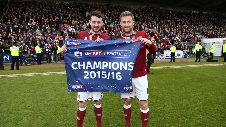 Brendan Moloney and Joel Byrom during the Sky Bet League Two match between Northampton Town and Luton Town at Sixfields Stadium on April 30, 2016 in Northampton, England.