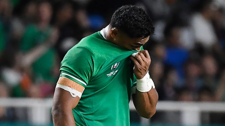 Bundee Aki leaves the pitch after receiving a red card during the 2019 Rugby World Cup, Pool A match between Ireland and Samoa