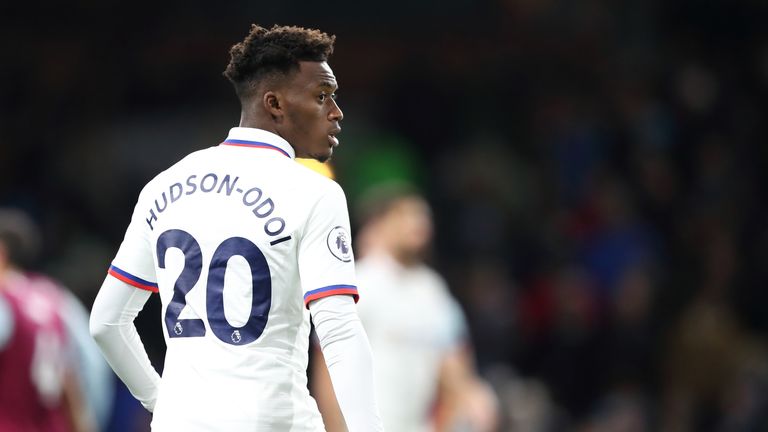 Callum Hudson-Odoi in action for Chelsea away to Burnley in Premier League