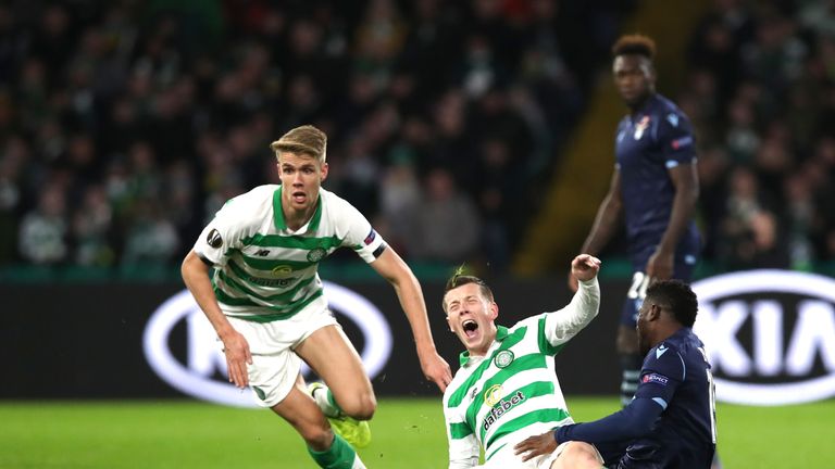Celtic's Callum McGregor fouled by Lazio's Bastos