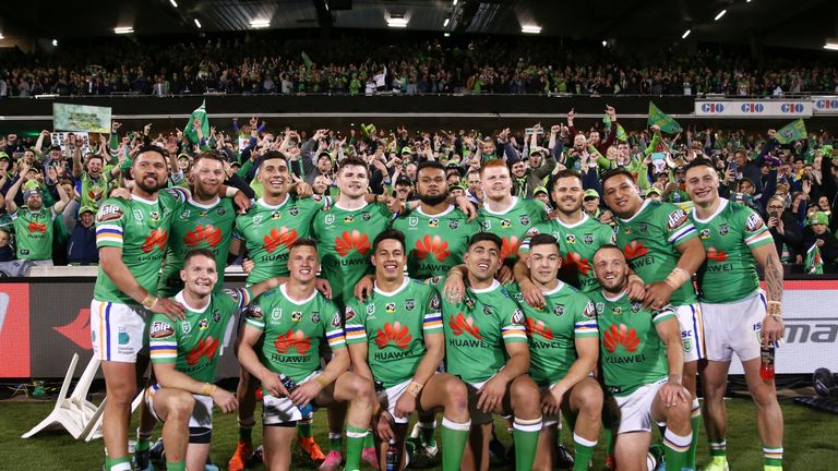 CANBERRA, AUSTRALIA - SEPTEMBER 27: Raiders players pose for a photograph following the NRL Preliminary Final match between the Canberra Raiders and the South Sydney Rabbitohs at GIO Stadium on September 27, 2019 in Canberra, Australia. (Photo by Brendon Thorne/Getty Images)