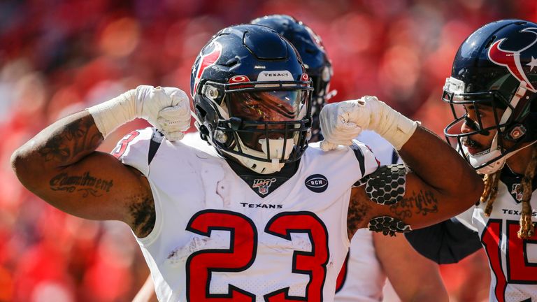 KANSAS CITY, MO - OCTOBER 13: Carlos Hyde #23 of the Houston Texans celebrates his second quarter rushing touchdown against the Kansas City Chiefs at Arrowhead Stadium on October 13, 2019 in Kansas City, Missouri. (Photo by David Eulitt/Getty Images)