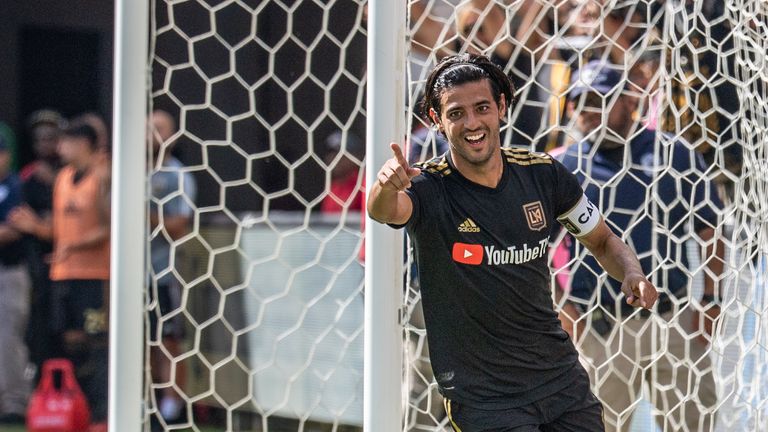 LOS ANGELES, CA - OCTOBER 6: Carlos Vela #10 of Los Angeles FC celebrates his 3rd goal during Los Angeles FC's MLS match against Sporting Kansas City at the Banc of California Stadium on October 6, 2019 in Los Angeles, California. Los Angeles FC won the match 3-1 (Photo by Shaun Clark/Getty Images)