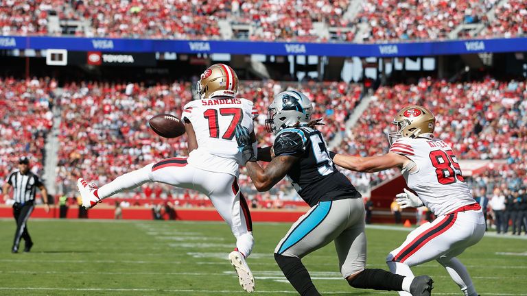 SANTA CLARA, CALIFORNIA - OCTOBER 27: Emmanuel Sanders #17 of the San Francisco 49ers catches a touchdown pass in the first quarter of the game against the Carolina Panthers at Levi's Stadium on October 27, 2019 in Santa Clara, California. (Photo by Lachlan Cunningham/Getty Images)