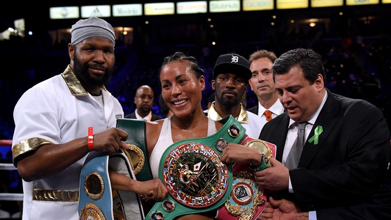 Cecilia Braekhus of Norway Kali Reis in the World Welterweight Championship at StubHub Center on May 5, 2018 in Carson, California.