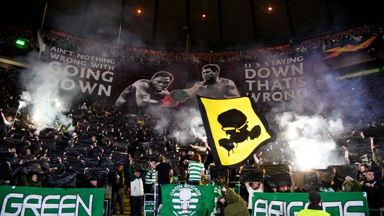 GLASGOW, SCOTLAND - OCTOBER 03: The Celtic fans display banners during the UEFA Europa League Group E match between Celtic and CFR Cluj at Celtic Park on October 03, 2019, in Glasgow, Scotland. (Photo by Rob Casey / SNS Group)