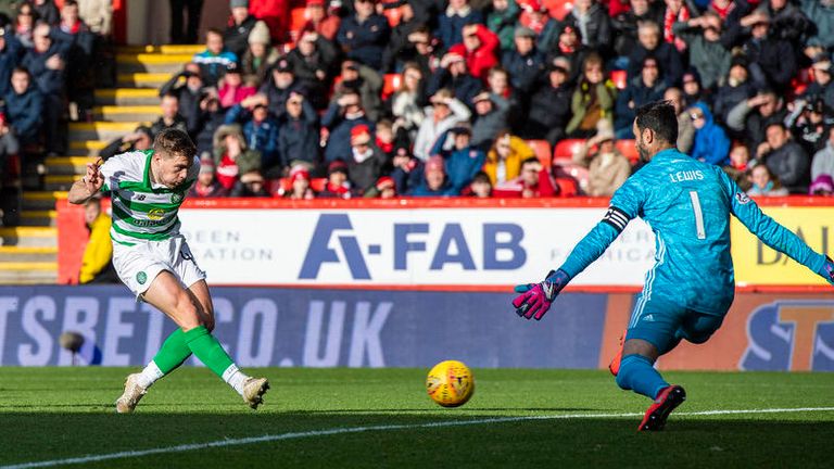 Celtic&#39;s James Forrest scores to make it 3-0 during the Ladbrokes Premiership match between Aberdeen and Celtic, at Pittodrie Stadium, on October 27 2019, in Aberdeen, Scotland. 