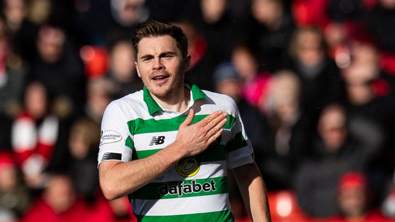 Celtic's James Forrest celebrates scoring to make it 3-0 during the Ladbrokes Premiership match between Aberdeen and Celtic, at Pittodrie Stadium, on October 27 2019, in Aberdeen, Scotland. 
