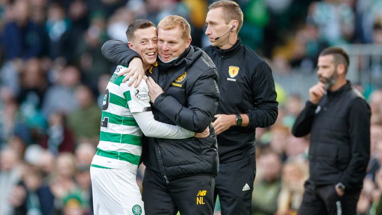 Callum McGregor hugs Celtic manager Neil Lennon