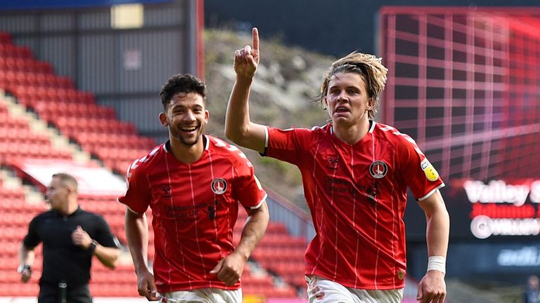 Charlton Athletic's Conor Gallagher (right) celebrates scoring his side's third goal of the game