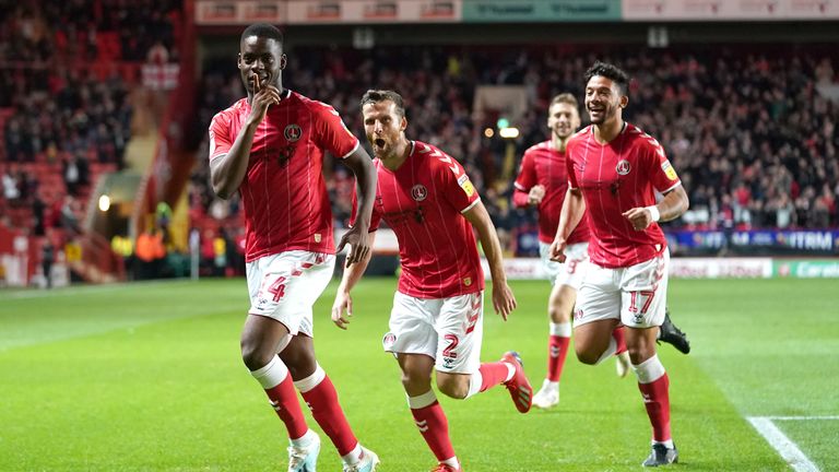 Charlton Athletic's Jonathan Leko (left) celebrates scoring his side's first goal of the game with team mates during the Sky Bet Championship match at The Valley, London. PA Photo. Picture date: Wednesday October 2, 2019. See PA story SOCCER Charlton. Photo credit should read: John Walton/PA Wire. RESTRICTIONS: EDITORIAL USE ONLY No use with unauthorised audio, video, data, fixture lists, club/league logos or "live" services. Online in-match use limited to 120 images, no video emulation. No use in betting, games or single club/league/player publications.