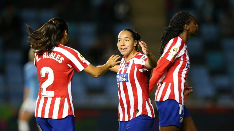 Charlyn Corral celebrates her late equaliser for Atletico on Wednesday