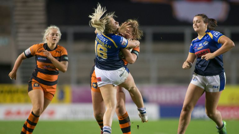Picture by Isabel Pearce/SWpix.com - 11/10/2019 - Rugby League - Women's Super League Grand Final - Castleford Tigers v Leeds Rhinos - The Totally Wicked Stadium, Langtree Park, St Helens, England - Chloe Kerrigan of Leeds is tackled by Rhiannion Marshall of Castleford.