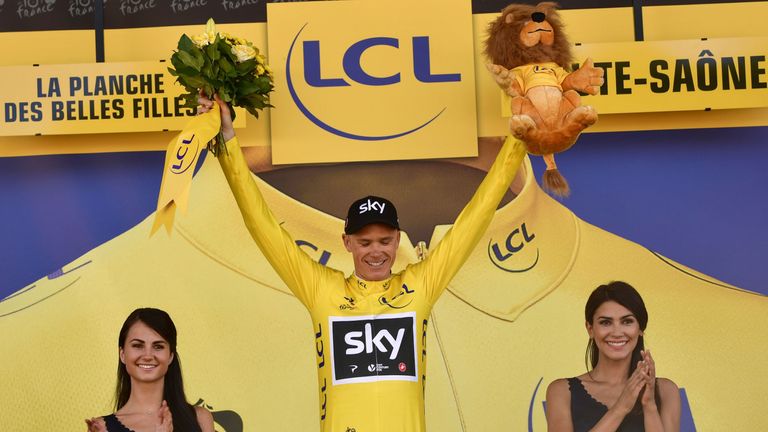 LA PLANCHE DES BELLES FILLES, FRANCE - JULY 05: Chris Froome of Great Britain and Team SKY took the yellow jersey and race lead on stage five of the 2017 Tour de France, a 160.5km road stage from Vittel to La Planche des Belles Filles on July 5, 2017 in La Planche des Belles Filles, France. (Photo by Bryn Lennon/Getty Images)