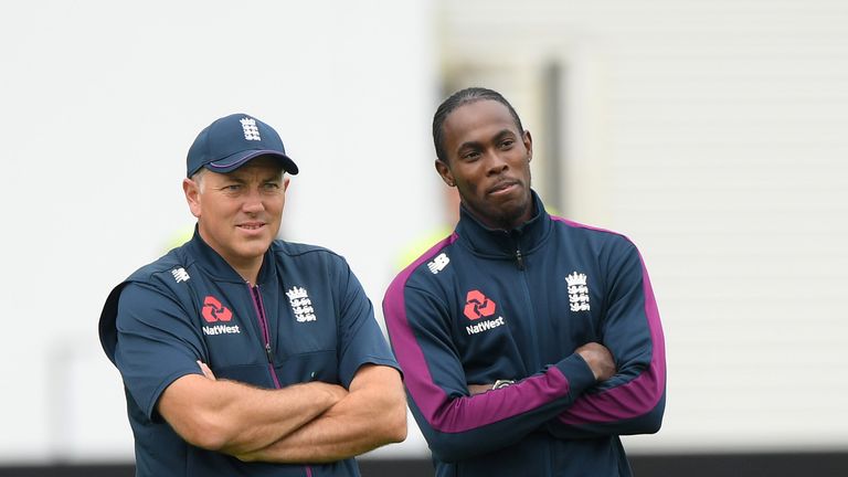 England&#39;s incoming head coach Chris Silverwood during practice, alongside paceman Jofra Archer