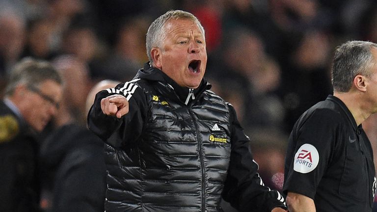 Sheffield United's English manager Chris Wilder gestures on the touchline during the English Premier League football match between Sheffield United and Arsenal at Bramall Lane in Sheffield, northern England on October 21, 2019. 