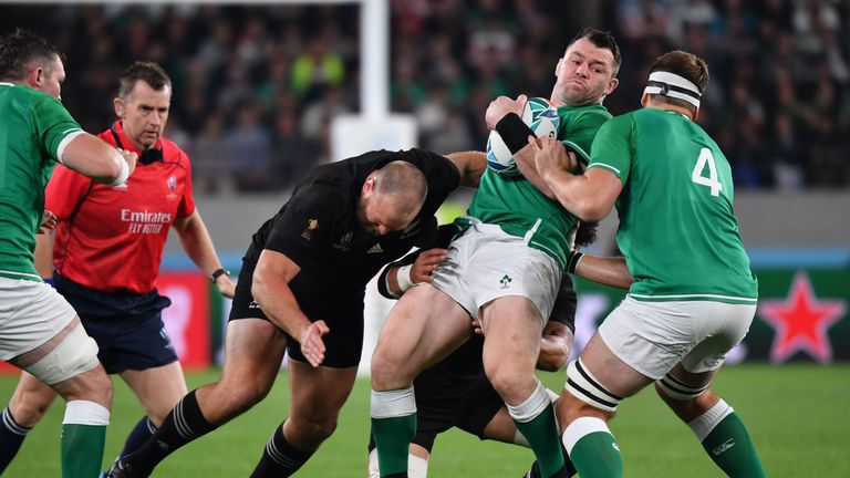 Cian Healy (2nd R) in action during the 2019 Rugby World Cup quarter-final match between New Zealand and Ireland 