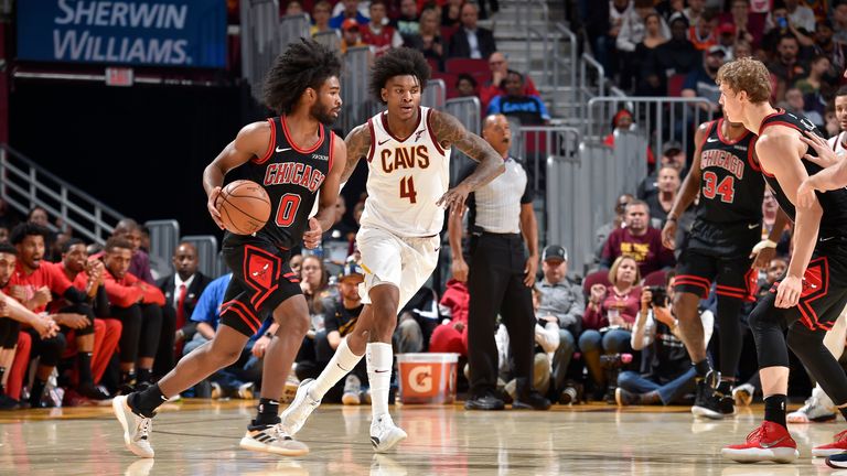 Coby White of the Chicago Bulls handles the ball against the Cleveland Cavaliers