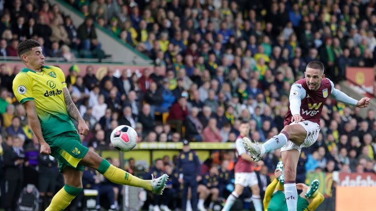 Conor Hourihane of Aston Villa scores his side's fourth goal against Norwich