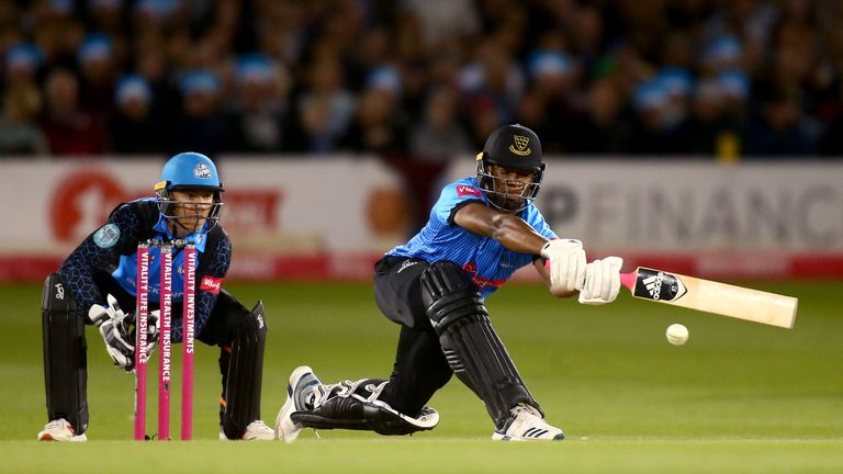 Delray Rawlins of Sussex Sharks bats during the Vitality T20 Blast Quarter-Final match between Sussex Sharks and Worcestershire Rapids
