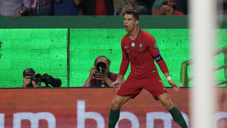 Cristiano Ronaldo celebrates his 94th goal for Portugal against Luxembourg