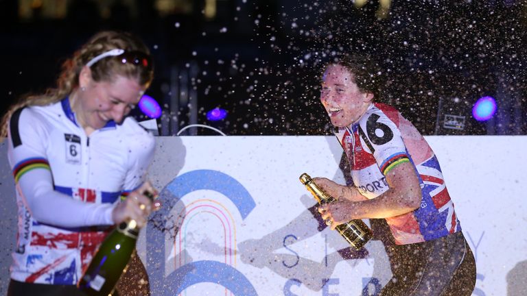 Overall winner Katie Archibald of Great Britain is sprayed with champagne by Laura Kenny of Great Britain during day three of the Phynova Manchester Six Day Cycling