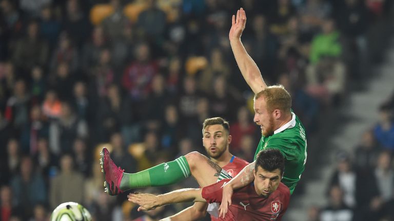 Czech Republic's defender Ondrej Kudela vies for a ball with Northern Ireland's forward Liam Boyce during the international friendly football match between Czech Republic and Northern Ireland in Prague, on October 14, 2019. (Photo by Michal CIZEK / AFP) (Photo by MICHAL CIZEK/AFP via Getty Images)
