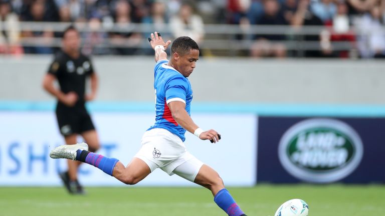 Damian Stevens of Namibia kicks a penalty goal during the Rugby World Cup 2019 Group B game between New Zealand and Namibia at Tokyo Stadium on October 06, 2019 in Chofu, Tokyo, Japan. (