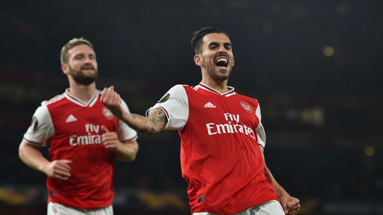 Dani Cabellos celebrates scoring Arsenal's fourth goal vs Standard Liege