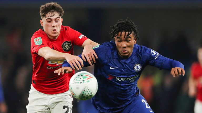 Manchester United's Daniel James and Reece James of Chelsea in action during the Carabao Cup Round of 16 match at Stamford Bridge