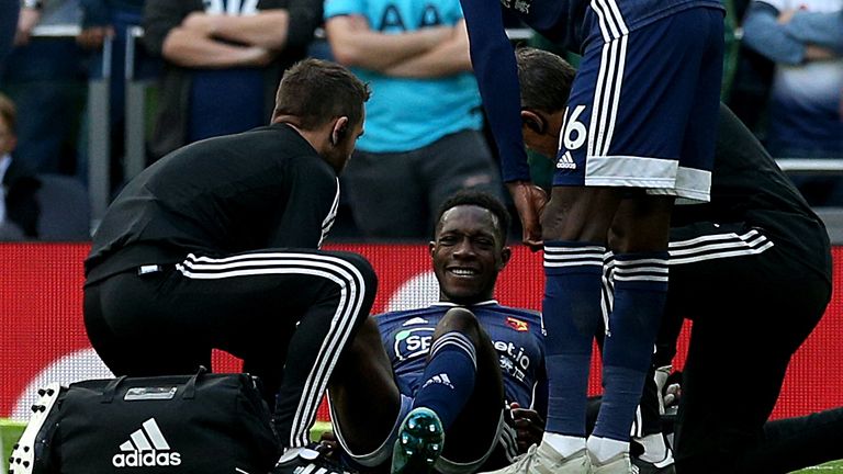 Watford's Danny Welbeck goes down injured during the Premier League match at Tottenham Hotspur Stadium