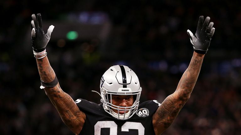  Darren Waller #83 celebrates during the match between the Chicago Bears and Oakland Raiders at Tottenham Hotspur Stadium