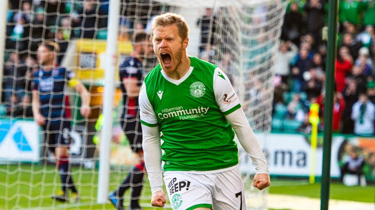 Daryl Horgan celebrates after scoring to make. It 1-0 during the Ladbrokes Premiership match between Hibernian and Ross County at Easter Road