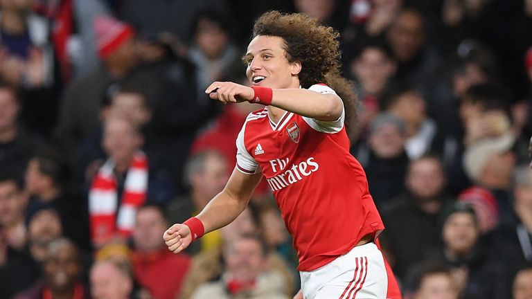 David Luiz celebrates after scoring Arsenal's second goal vs Crystal Palace