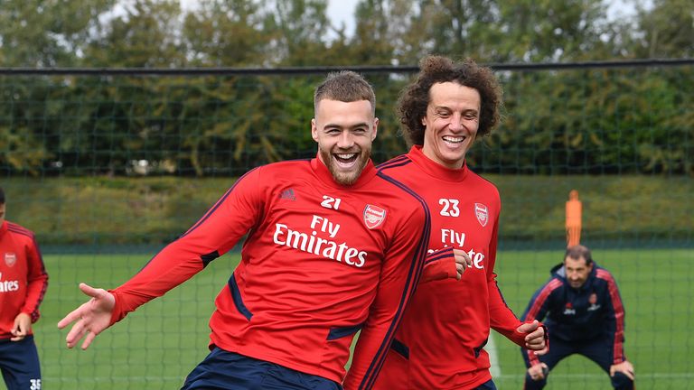 Arsenal defenders Calum Chambers and David Luiz in training
