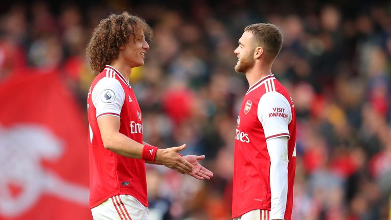 David Luiz and Calum Chambers celebrate Arsenal's win over Bournemouth