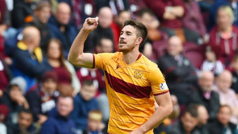 Motherwell's Declan Gallagher celebrates after he heads in the opener during a Ladbrokes Premiership match between Hearts and Motherwell at Tynecastle Park, on September 14, 2019, in Edinburgh
