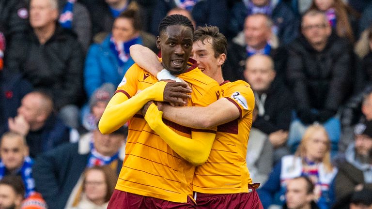 Motherwell's Devante Cole celebrates with Chris Long after making it 1-0 vs Rangers