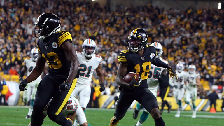 Diontae Johnson of the Pittsburgh Steelers catches a 45 yard touchdown pass in the first half against the Miami Dolphins