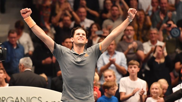 Dominic Thiem of Austria celebrates victory after the round of 16 match between Dominic Thiem of Austria and Fernando Verdasco of Spain on day four of the Erste Bank Open 500 at Wiener Stadthalle on October 24, 2019 in Vienna, Austria