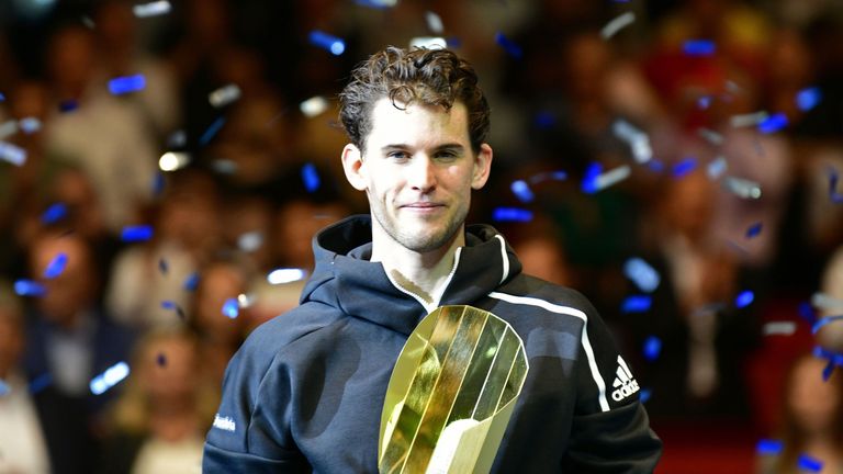 Dominic Thiem poses with the trophy after winning the final match against Argentina's Diego Schwartzman (not in picture) at the ATP Tour tennis tournament in Vienna, Austria, October 27, 2019