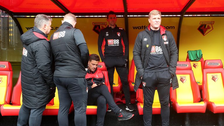 Eddie Howe during the Premier League match between Watford and AFC Bournemouth at Vicarage Road on March 31, 2018 in Watford, England.