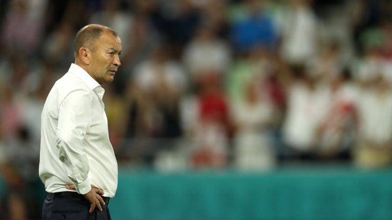 Eddie Jones, the England head coach looks on during the Rugby World Cup 2019 Group C game between England and USA at Kobe Misaki Stadium on September 26, 2019 in Kobe, Hyogo, Japan.