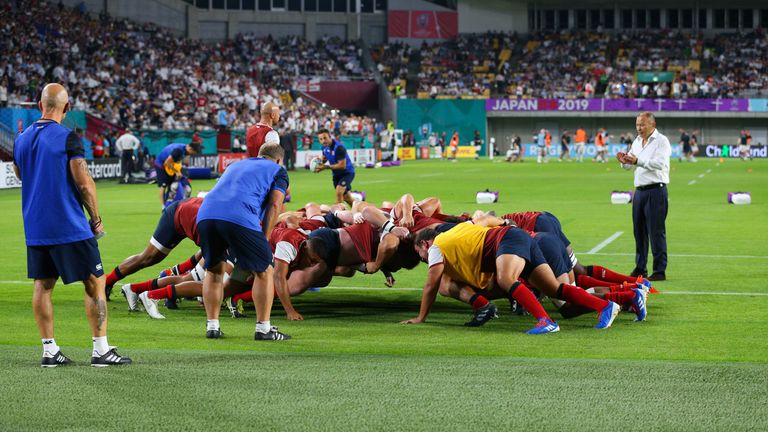 England Head Coach Eddie Jones looks on during the pre match warm up ahead of the Rugby World Cup 2019 Group C game between England and USA at Kobe Misaki Stadium on September 26, 2019 in Kobe, Hyogo, Japan.