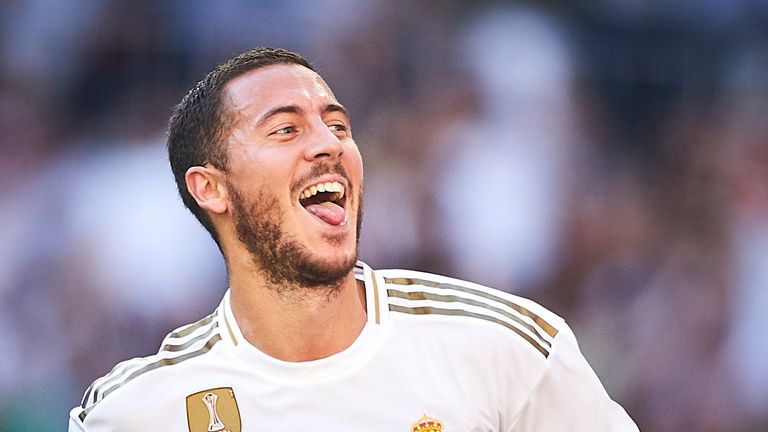 Eden Hazard celebrates after scoring for Real Madrid against Granada