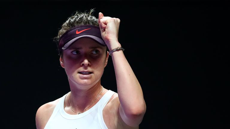 Elina Svitolina of Ukraine celebrates a point against Simona Halep of Romania during their Women's Singles match on Day Four of the 2019 Shiseido WTA Finals at Shenzhen Bay Sports Center on October 30, 2019 in Shenzhen, China