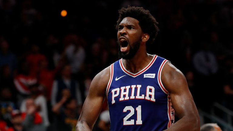 Joel Embiid of the Philadelphia 76ers reacts after their 105-103 win over the Atlanta Hawks