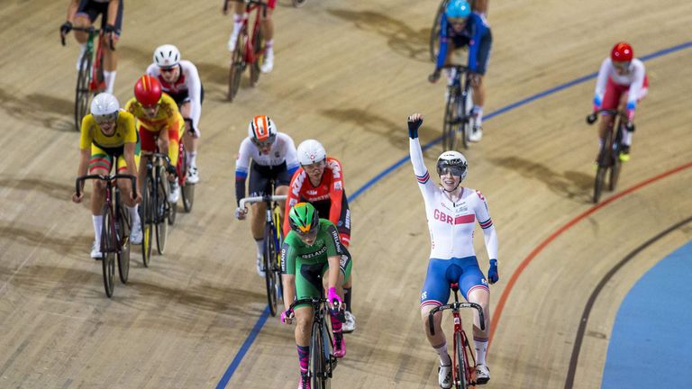 British Emily Nelson (R) celebrates after winning the women's scratch final at the European track cycling championship in Apeldoorn, on October 16, 2019. (Photo by Vincent Jannink / ANP / AFP) / Netherlands OUT (Photo by VINCENT JANNINK/ANP/AFP via Getty Images