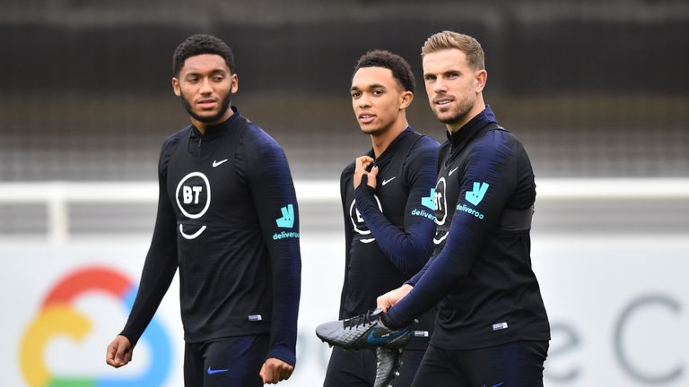 Liverpool trio Joe Gomez, Trent Alexander-Arnold and Jordan Henderson at training with England