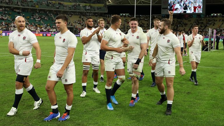 Group shot of England players after victory over Australia in the quarter-finals of the Rugby World Cup